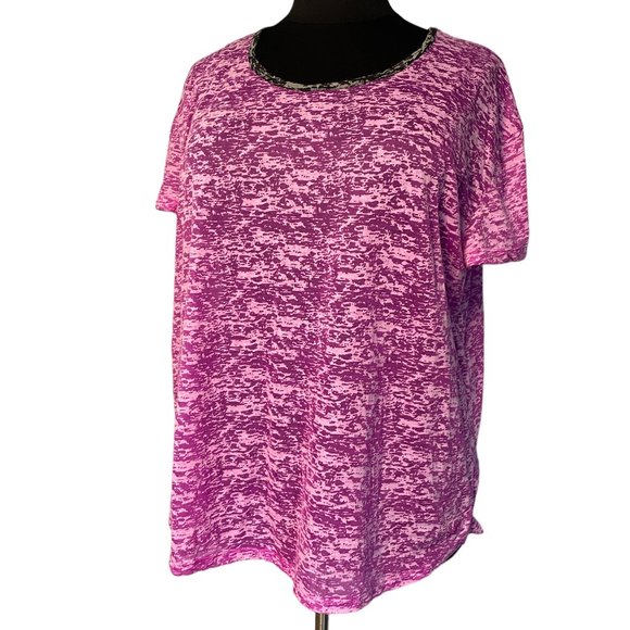 FullBeauty Sport Pink Burnout Short Sleeve Top with Neckline Detail - Picture 1 of 7